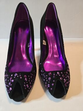 Sigerson Morrison Women's Black Suede Peep-Toe Heels with Purple Gems Sz 7.5